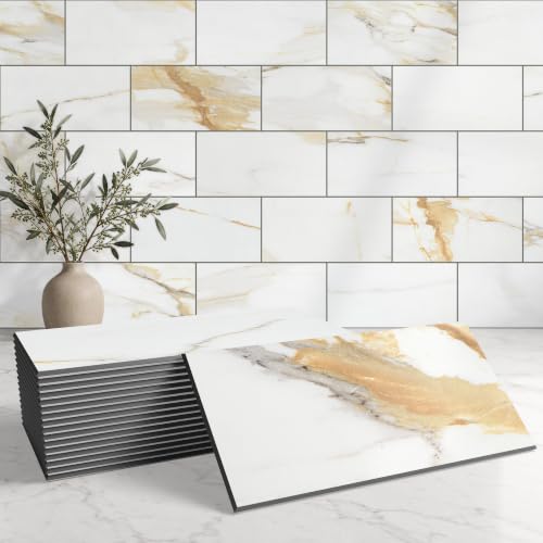 StyloVue 100 Pieces Peel and Stick Backsplash for Kitchen, 3" x 6" PVC Subway Tile Upgraded Calacatta Gold with Dark Gray Grout Backsplash Stick on Tile Elevate Kitchen, Bathroom, Fireplace,RV - color: Calacatta Gold