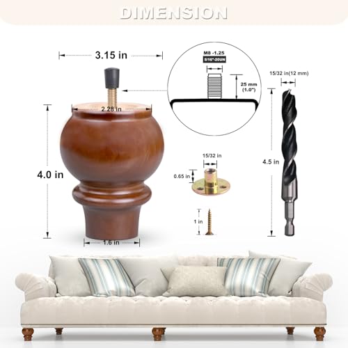 DWYL & LWYD 4 Inches Wood Furniture Legs Set of 4,Heavy Duty Rubber Wood Legs Replacement Sofa Legs Couch Legs Cabinet Legs Wooden Legs for Furniture (Walnut Finish,4 Inches Height) - color: Walnut, size: 4 Inch