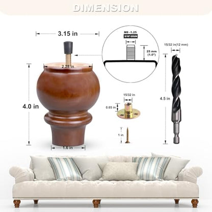 DWYL & LWYD 4 Inches Wood Furniture Legs Set of 4,Heavy Duty Rubber Wood Legs Replacement Sofa Legs Couch Legs Cabinet Legs Wooden Legs for Furniture (Walnut Finish,4 Inches Height) - color: Walnut, size: 4 Inch