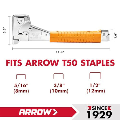 Arrow HT50 Heavy Duty Hammer Tacker, Chromed-Steel Manual Stapler with Sure-Grip Handle, Dual-Capacity Rear-Load Magazine, Fits 5/16”, 3/8", or 1/2" Staples (Pack of 4) - size: (4-Pack)