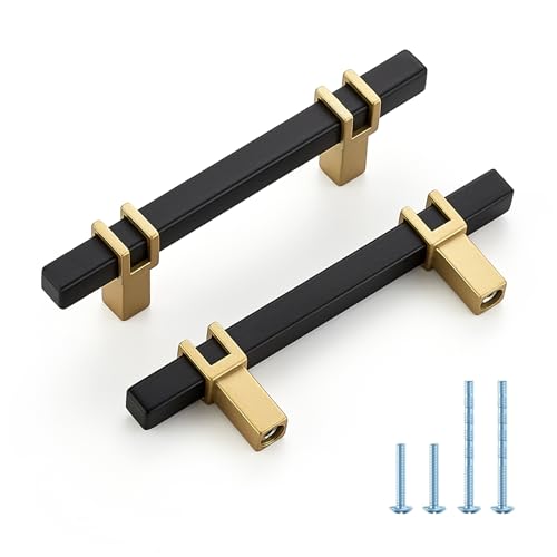 HOME EDIT 3 inch Cabinet Handles, 10 Pack Kitchen Cabinet Handles Matte Black and Gold Drawer Pulls Zinc Alloy Square Bar Kitchen Pulls - color: Black and Gold, size: 3 Inch Hole Center