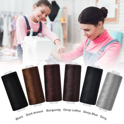 6 Pcs Polyester Thread Kit - 400 Yards Each Spool, Sewing Threads for Machine & Hand Stitching, Embroidery, Includes Sewing Needle & Threader - color: dark color