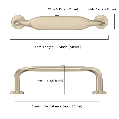 10 Pack 3 inch Brushed Brass Kitchen Cabinet Handles - color: Brushed Brass, size: 3'' Hole Center(76mm)