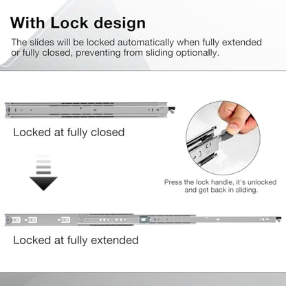Heavy Duty Locking Drawer Slides Load 136 lbs Full Extension Runners with Lock 12 14 16 18 20 22 24 26 28 30 32 34 36 38 40 Inch Side Mount Rails for Drawer Capacity 136 lb 1 Pair - size: 22 Inch, style: With lock