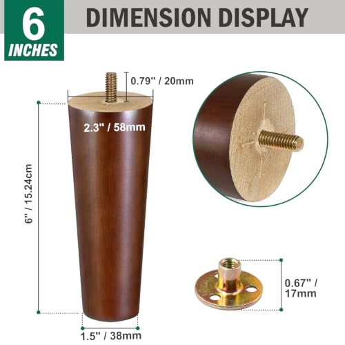 FoDau770 Rubber Wood Legs 6", Straight Taper, 5/16"-18 Thread, Brown, 8pcs - color: Brown, size: 6 Inch - Straight (90°)