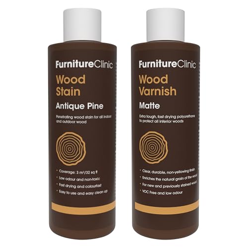 Furniture Clinic 8.5oz Antique Pine Wood Stain + 250ml Matte Wood Varnish | Water Based | Fast Drying, Low Odor, & Non-Toxic | for Indoor & Outdoor Furniture and More