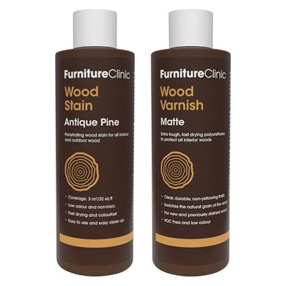 Furniture Clinic 8.5oz Antique Pine Wood Stain + 250ml Matte Wood Varnish | Water Based | Fast Drying, Low Odor, & Non-Toxic | for Indoor & Outdoor Furniture and More