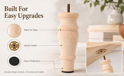 5.9 Inch Wooden Furniture Bun Feet Set of 4, Unfinished Rubber Wood Replacement Furniture Legs, M8 Thread, with Mounting Plates Screws Floor Pads for Couch Chair Ottoman Cabinet