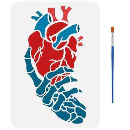 FINGERINSPIRE Hand Skeleton Painting Stencil with 1Pc Plastic Paint Brush 8.3x11.7 inch Plastic Skeleton Hand with Heart Pattern Stencil Reusable Skeleton Hand Stencil for DIY Projects and Crafts - color: Skeleton Hand with Heart