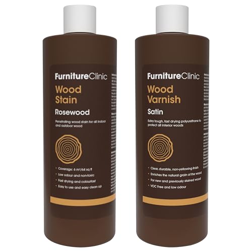 Furniture Clinic 17 oz Rosewood Wood Stain + 500ml Satin Wood Varnish | Water Based | Fast Drying, Low Odor, & Non-Toxic | for Indoor & Outdoor Furniture and More