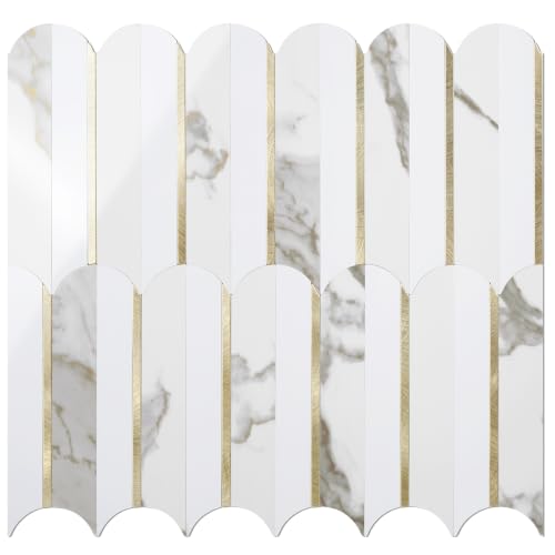 Vamos Tile Peel and Stick Backsplash Seamless Tile,Fish Scale,Glossy,10 pcs - color: Glossy White + Glossy Dolomite Marble+Light Gold