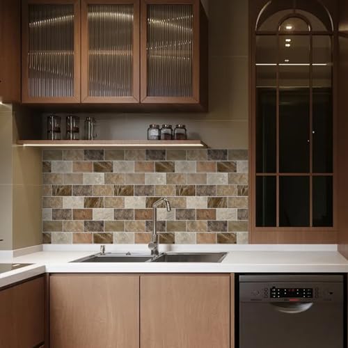 10 Sheets Peel and Stick Backsplash for Kitchen 12"X12" Renter Friendly Backsplash Back Splash Adhesive Subway Wall Tile Flat Vinyl Sticker for Bathroom Brown Marble B (Not 3D Tile)