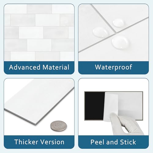 100-Sheet Subway Peel and Stick Backsplash Tile, 6" x 3" White Mixed Stone Composite Handmade Looks Self Adhesive Waterproof Wall Tile, Stick on Tiles for Kitchen Bathroom - color: White Mixed, size: Subway