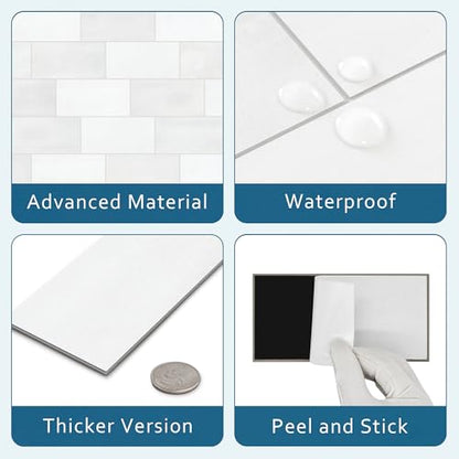 100-Sheet Subway Peel and Stick Backsplash Tile, 6" x 3" White Mixed Stone Composite Handmade Looks Self Adhesive Waterproof Wall Tile, Stick on Tiles for Kitchen Bathroom - color: White Mixed, size: Subway
