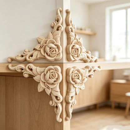 10Pcs Decorative Wood Carved Applique Corner Onlay Decorative Wood Applique DIY Wooden Carved Corner Unpainted Decals Wall Stickers Murals