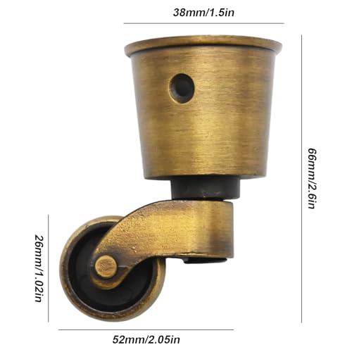 Anxingo 4 PCS Antique Brass Caster Cups, 2.6 x 1.5 Inch Cast Zinc Alloy Wheels, 360 Degree Swivel Pulleys, Suitable for Classical Furniture, Piano Legs, Coffee Tables, Bookshelves