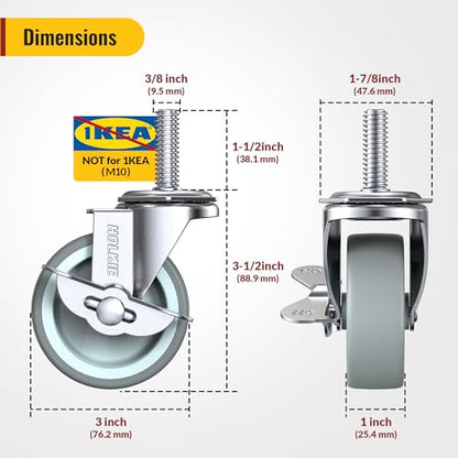 HOLKIE Stem Casters Wheels Set of 4 Standard US 3/8"-16 x 1-1/2" with Brake - style: Grey-With all brake