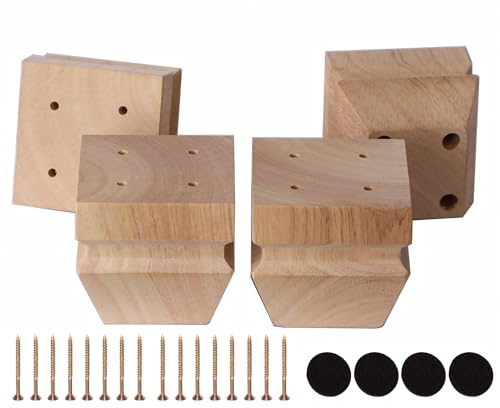 Unfinished Oak Furniture Legs - Heavy Duty Mid Century Solid Wood Replacement Sofa Legs Set of 4 for Couch Bench Bed Dresser Coffee Table (Natural 3" H*3.15" W) - color: Plain Wood Color, size: 3"H*3.15"W (No Hanger Bolt)
