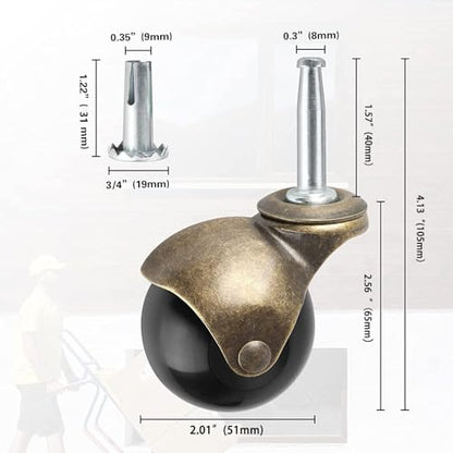 Apllamo 2" Ball Brass Casters Set of 4 5/16" Stem 1000 LBS Heavy Duty