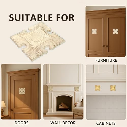 4 Pcs Decorative Wood Flower Carved Appliques Onlays Decals, 4 x 4 Inch Unpainted Solid Wooden Square Carving Decal Trim Applique for Furniture Cabinet Closet Decoration - size: 4 x 4inch-4pcs