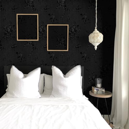 Erfoni Black Peel and Stick Wallpaper Black Floral Embossed Contact Paper - color: Black, size: 17.7" x 394"