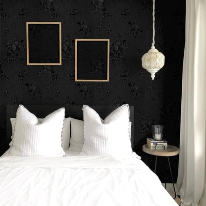 Erfoni Black Peel and Stick Wallpaper Black Floral Embossed Contact Paper - color: Black, size: 17.7" x 394"