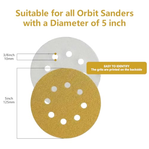 100 PCS 5 Inch Sanding Discs 150 Grit 8-Hole, Round Hook and Loop Sandpaper for Random Orbital Sander - size: 150 Grit-100pcs