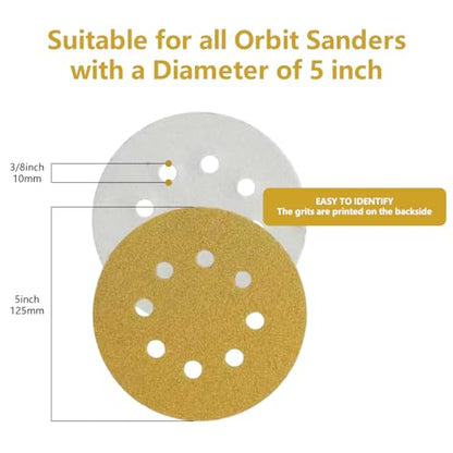 100 PCS 5 Inch Sanding Discs 150 Grit 8-Hole, Round Hook and Loop Sandpaper for Random Orbital Sander - size: 150 Grit-100pcs