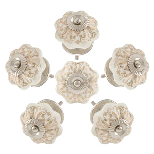 Piutouyar 6PCS Ceramic Cabinet Knobs,Gold and White Roll Hand Painted Knob