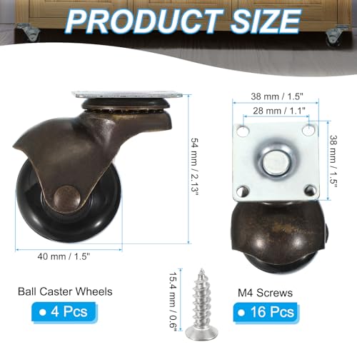 PATIKIL 1.5 Inch Ball Caster Wheels Set of 4, 360° Rotating Swivel Top Plate Wheels 298 lbs Total Capacity Caster with M4 Screws for Furniture Table Cabinet Bronze - color: Bronze, size: 1.5 Inch
