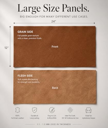 12'' x 24'' Genuine Full Grain Cowhide Leather Sheet — Soft Leather for Upholstery Repair, Handbags, Wallets, Sewing, Crafts, & DIY Projects — 1.1-1.3mm (3oz) Pre-Cut (Cognac Brown, 1 Piece) - color: Cognac, size: 1 Piece