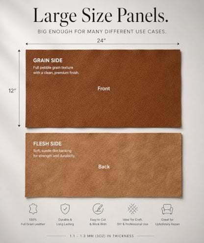 12'' x 24'' Genuine Full Grain Cowhide Leather Sheet — Soft Leather for Upholstery Repair, Handbags, Wallets, Sewing, Crafts, & DIY Projects — 1.1-1.3mm (3oz) Pre-Cut (Cognac Brown, 1 Piece) - color: Cognac, size: 1 Piece