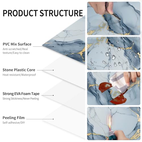 10 Sheets Marble Peel and Stick Backsplash Tile, 12"x12" Waterproof PVC Self Adhesive Tile Shower Wall Panels for Bathroom, Kitchen, Living Room (Metallic Blue) - color: Metallic Blue