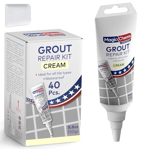 Magic Chems Tile Grout Repair, Cream 8.8 oz/250gr. Fast Drying Grout Repair Kit, Grout Filler Tube Repair Kit, Tile Grout Paint, Grout Sealer Restore and Renew Bathroom Floor, Tile Gaps, Joints, Lines - color: Cream, size: 40 Pack