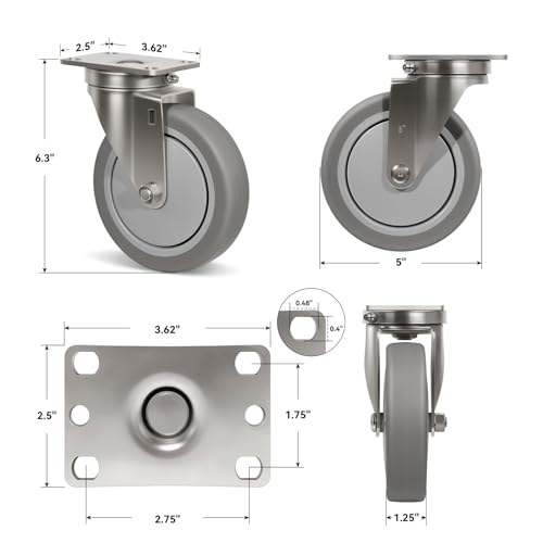 5" Caster Wheels, Stainless Steel Casters Set of 4 Heavy Duty, Anti-Corrosion Rubber Industrial Caster Wheels for Hospitals Food Labs(2 Swivel& 2 Rigid) - style: 2 Swivel&2 Rigid