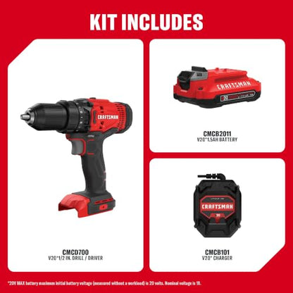 CRAFTSMAN V20 Cordless Drill/Driver Kit, 1/2 inch, Battery and Charger Included (CMCD700C1) - style: 20V MAX Drill Kit
