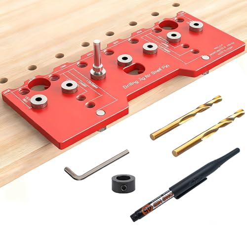 HALENBA Shelf Pin Jig 1/4" and 5mm,All-Metal Self-Contained Clamping Function Drill for Straight Holes,Hardware Jig,Shelf Pin Drilling Template, Woodworking Tools