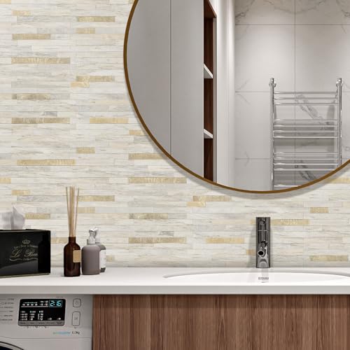 STICKGOO 20 Sheets Peel and Stick Backsplash Tile, Stick on Backsplash for Kitchen and Bathroom, Sunny Beige Look PVC Mixed Metal Gold Self Adhesive Wall Tiles - color: Sunny Beige + Metal Gold