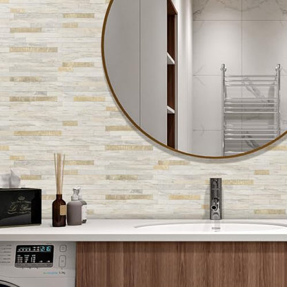 STICKGOO 20 Sheets Peel and Stick Backsplash Tile, Stick on Backsplash for Kitchen and Bathroom, Sunny Beige Look PVC Mixed Metal Gold Self Adhesive Wall Tiles - color: Sunny Beige + Metal Gold