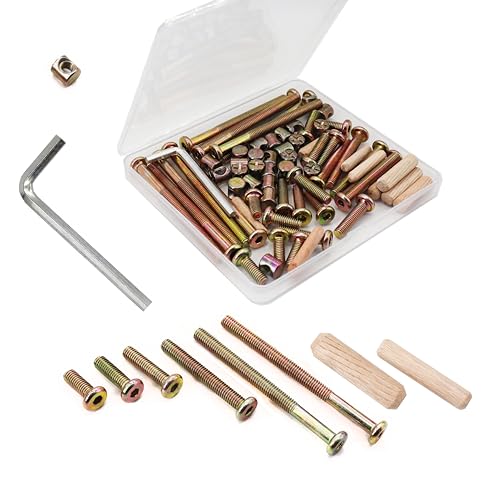 Crib Hardware Screws, 70 Pcs M6 Furniture Barrel Nut Bolt Assortment Kit, Hex Socket M6 x 15mm/ 20mm/ 25mm/ 45mm/ 75mm/ 80mm Crib Bolt Barrel Nut and Wood Dowel Pins