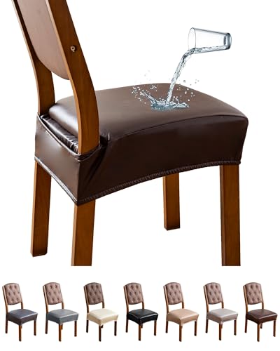 Genina Dining Chair Covers Set of 4, Waterproof PU Leather Dining Seat Covers Stretch Wipeable Dining Room Seat Cover Kitchen Chair Slipcover Protector (Rear-Covered Design, Chocolate) - color: Chocolate, size: Rear-Covered 4PCS