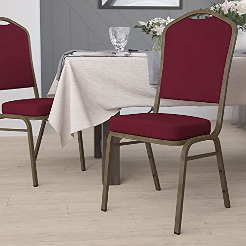 Emma + Oliver Burgundy Fabric Crown Back Stacking Banquet Chair - color: Burgundy Fabric/Gold Vein Frame