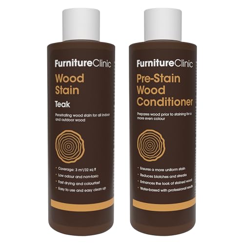 Furniture Clinic 8.5oz Teak Wood Stain + 250ml Pre-Stain Wood Conditioner | Water Based | Fast Drying, Low Odor, & Non-Toxic | for Indoor & Outdoor Furniture and More