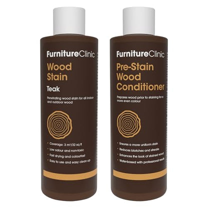 Furniture Clinic 8.5oz Teak Wood Stain + 250ml Pre-Stain Wood Conditioner | Water Based | Fast Drying, Low Odor, & Non-Toxic | for Indoor & Outdoor Furniture and More