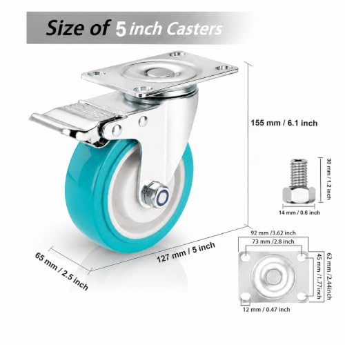5 Inch Caster Wheels Heavy Duty with Dual-Lock Safety Brake and Rubber Tire Wheels, Heavy Duty - 600 Lbs Per Caster for Workbench, Trolley, Cabinet, TPR Silent Caster 4-Packs with mounting Hardware - size: 5 inch 4 pack