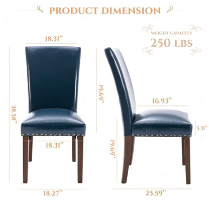 Parsons Dining Chairs Set of 2, Upholstered Nailhead PU Leather Dining Room Kitchen Side Chair with Thick Cushions and Wood Legs, Blue - color: Blue, size: set of 2