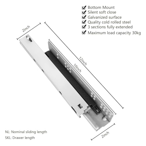 2 Pairs Undermount Drawer Slides Soft Close, 10 Inch Full Extension Bottom Mount Drawer Slides, Heavy Duty Cold Rolled Steel Hidden Drawer Sliders for 5/8" (16mm) Cabinet Board (10 in)