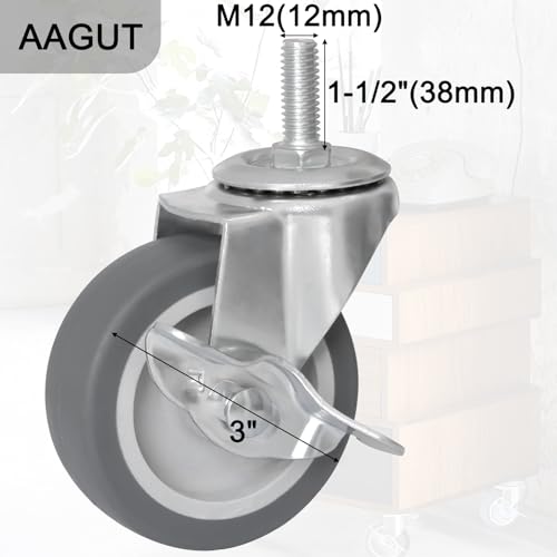 AAGUT 3 Inch Caster Wheels, M12x1.5 Threaded Stem Castors, Set of 4 - size: M12 x 38mm