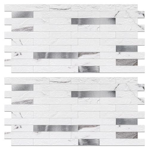 Peel and Stick Backsplash Tile Waterproof Removable PVC Wall Sticker 3D Faux Stone Marble Brick White Accent Panels (Rough White Marble - Metal Silver, 40 Tiles - 18 sq. ft. (1.68 m²)) - color: Rough White Marble - Metal Silver, size: 40 Tiles - 18 sq. ft