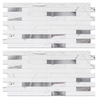 Peel and Stick Backsplash Tile Waterproof Removable PVC Wall Sticker 3D Faux Stone Marble Brick White Accent Panels (Rough White Marble - Metal Silver, 40 Tiles - 18 sq. ft. (1.68 m²)) - color: Rough White Marble - Metal Silver, size: 40 Tiles - 18 sq. ft